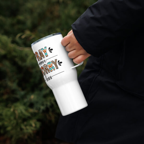 Travel mug with a handle, Christian travel coffee mug, Religious travel cop, Pray more worry less - Image 2