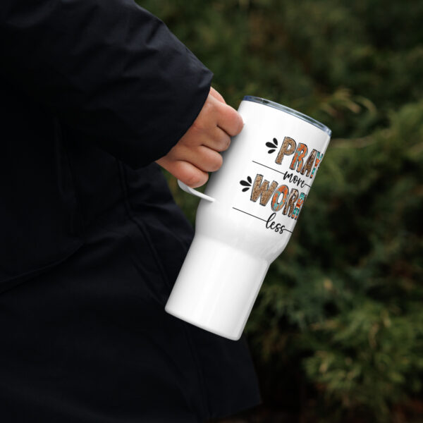 Travel mug with a handle, Christian travel coffee mug, Religious travel cop, Pray more worry less - Image 3