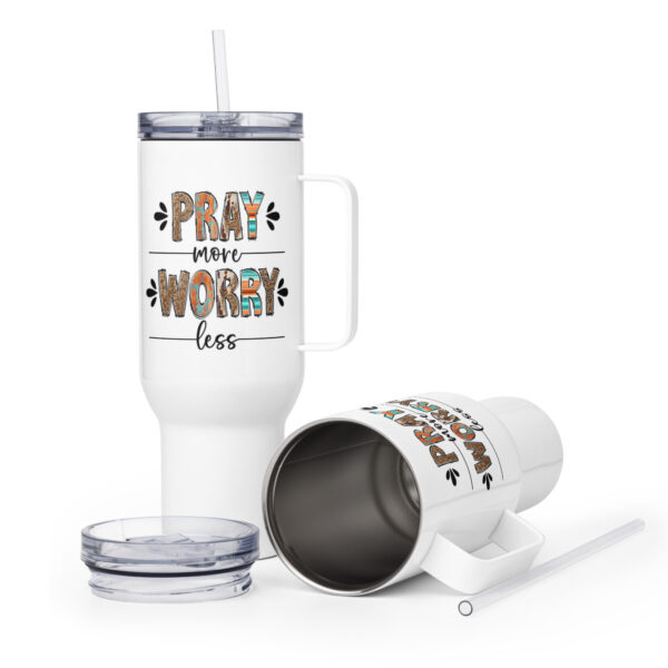 Travel mug with a handle, Christian travel coffee mug, Religious travel cop, Pray more worry less