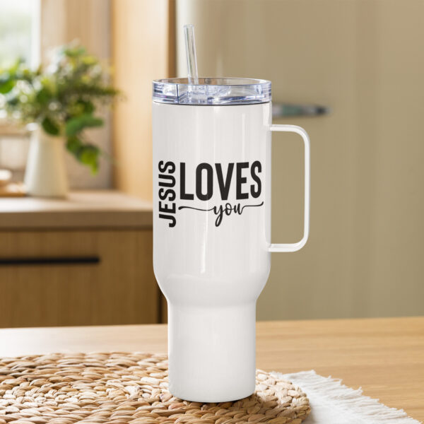 Travel mug with a handle, Religious travel mug, Jesus loves you, Christian travel mug