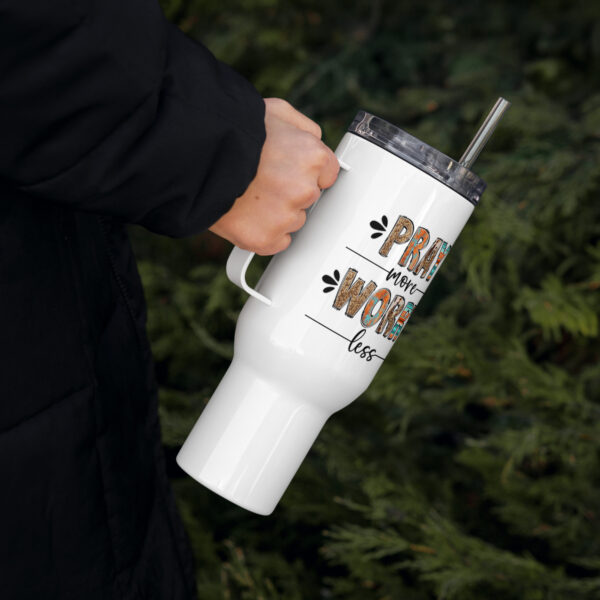 Travel mug with a handle, Christian travel coffee mug, Religious travel cop, Pray more worry less - Image 4